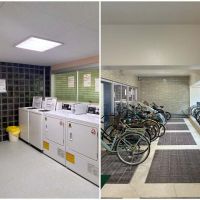 茅ヶ崎市中海岸四丁目の賃貸物件/【共用部】左：有料のコインランドリー｜右：駐輪場