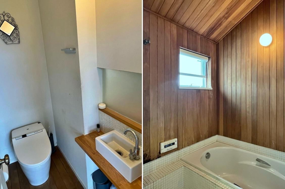 東京都世田谷区等々力七丁目の売買物件/左：2階のトイレは手洗い部分に半透明の壁が仕込まれている｜右：浴室は技拓らしい板張りの浴室