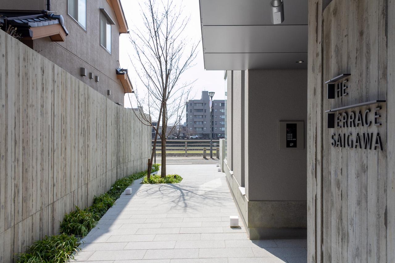 金沢市中央通町の賃貸物件/シンボルツリーの桜の木があるアプローチ