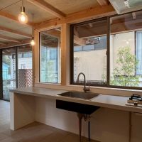 京都市左京区修学院檜峠町の賃貸物件/D号室（済）｜シンプルなキッチンには2口ガスコンロ。背面に収納棚と冷蔵庫置き場