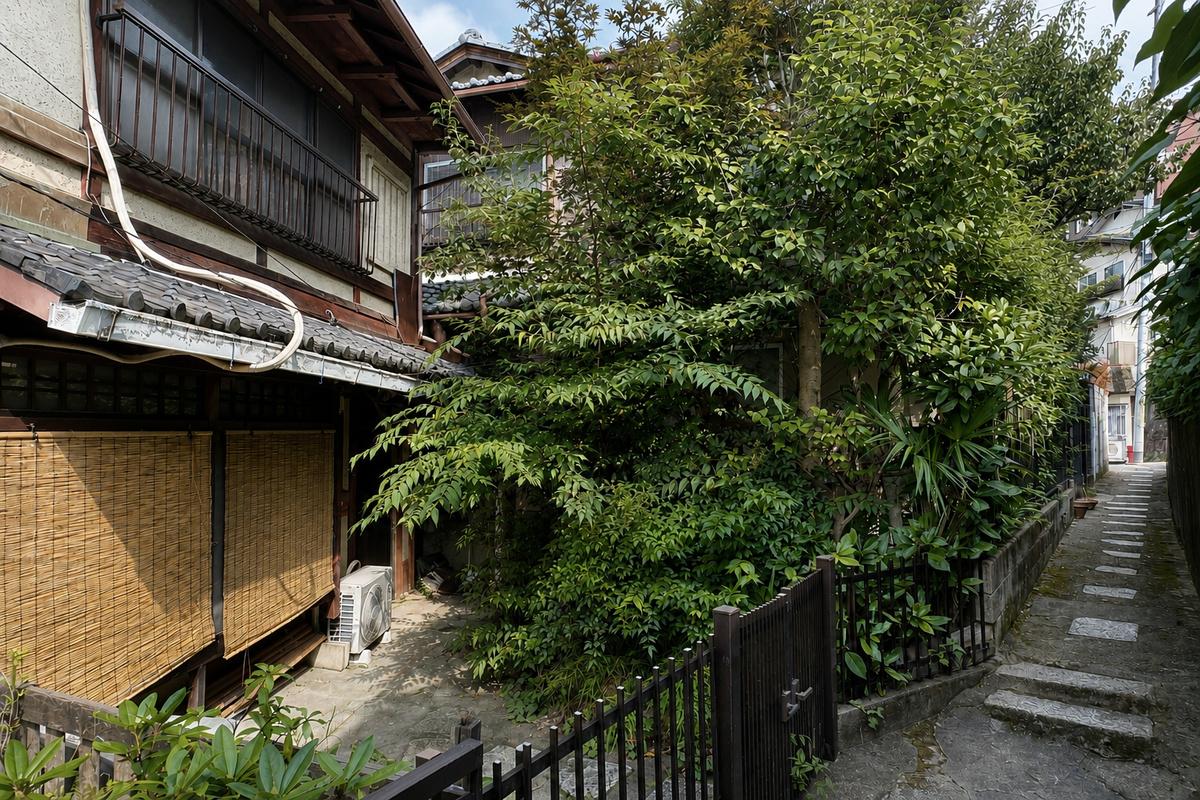 京都市東山区瓦役町514-1の賃貸物件/緑に半分隠れるように佇む本物件。細道の先にこの姿は様になっています。