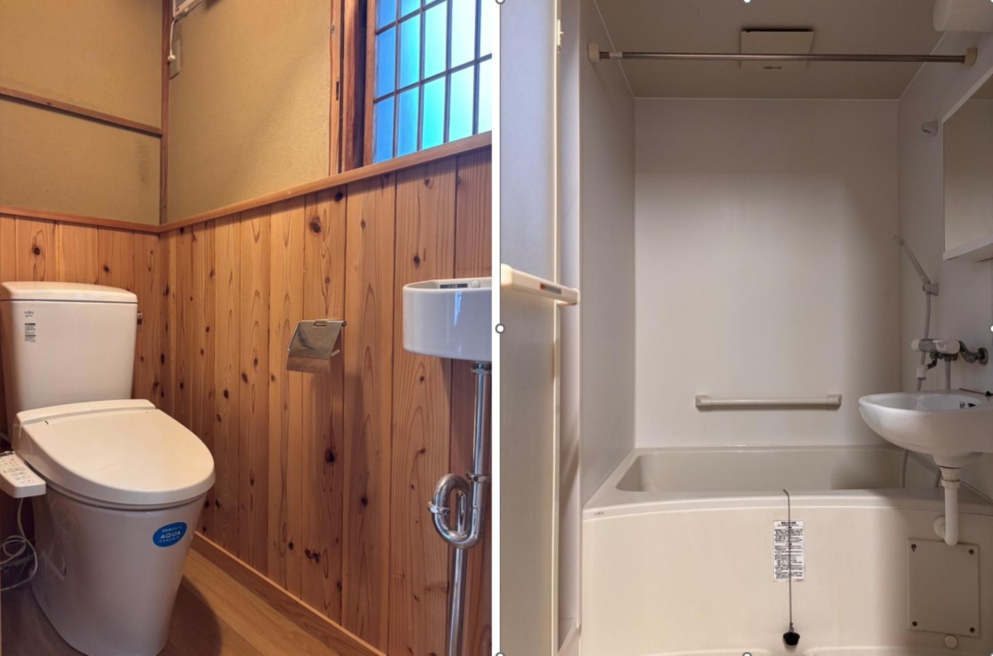 京都市北区紫野十二坊町8-24の賃貸物件/1F |木の腰壁があるトイレと洗面台のある浴室。