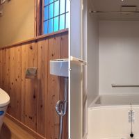 京都市北区紫野十二坊町8-24の賃貸物件/1F |木の腰壁があるトイレと洗面台のある浴室。