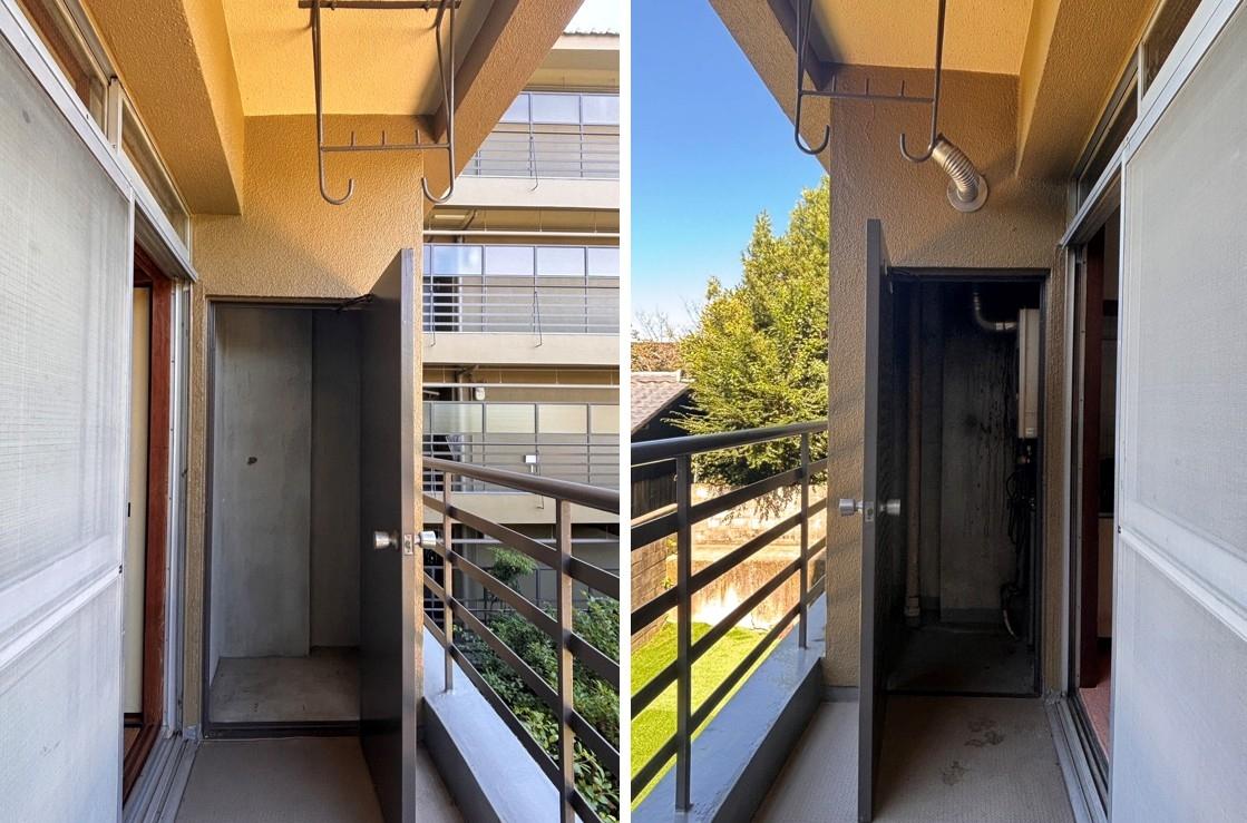 京都市左京区岡崎天王町61-1の賃貸物件/バルコニーには扉付きの収納。外に置きたい物の居場所に
