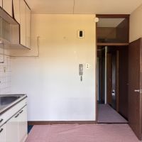 京都市左京区岡崎天王町61-1の賃貸物件/キッチン側から玄関方向。ここにも木目が続きます