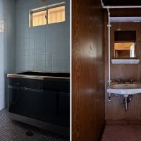 京都市左京区岡崎天王町61-1の賃貸物件/水色タイルに黒いステンレス製の浴槽、洗面所もレトロなスタイル。