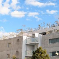 大阪府豊中市桜の町の賃貸物件/打ち放しコンクリートと屋上の植栽が建物の顔になっています。