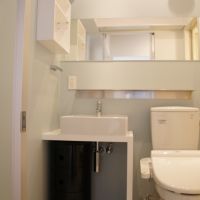 大阪府豊中市桜の町の賃貸物件/【205】洗面とトイレはひとつの空間に。大きな鏡と棚付きです。