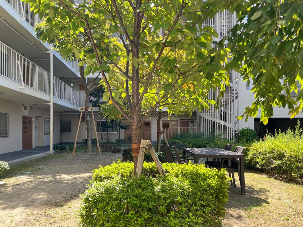 大阪府大阪市阿倍野区帝塚山1丁目の賃貸物件/敷地内の共用中庭。テーブルと椅子が備えられています。