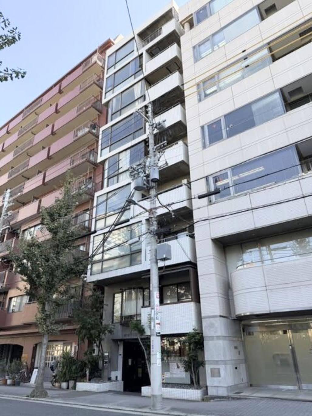 大阪府大阪市中央区南新町2丁目の売買物件/くり抜かれたようなバルコニーと格子窓が作り出す外観。