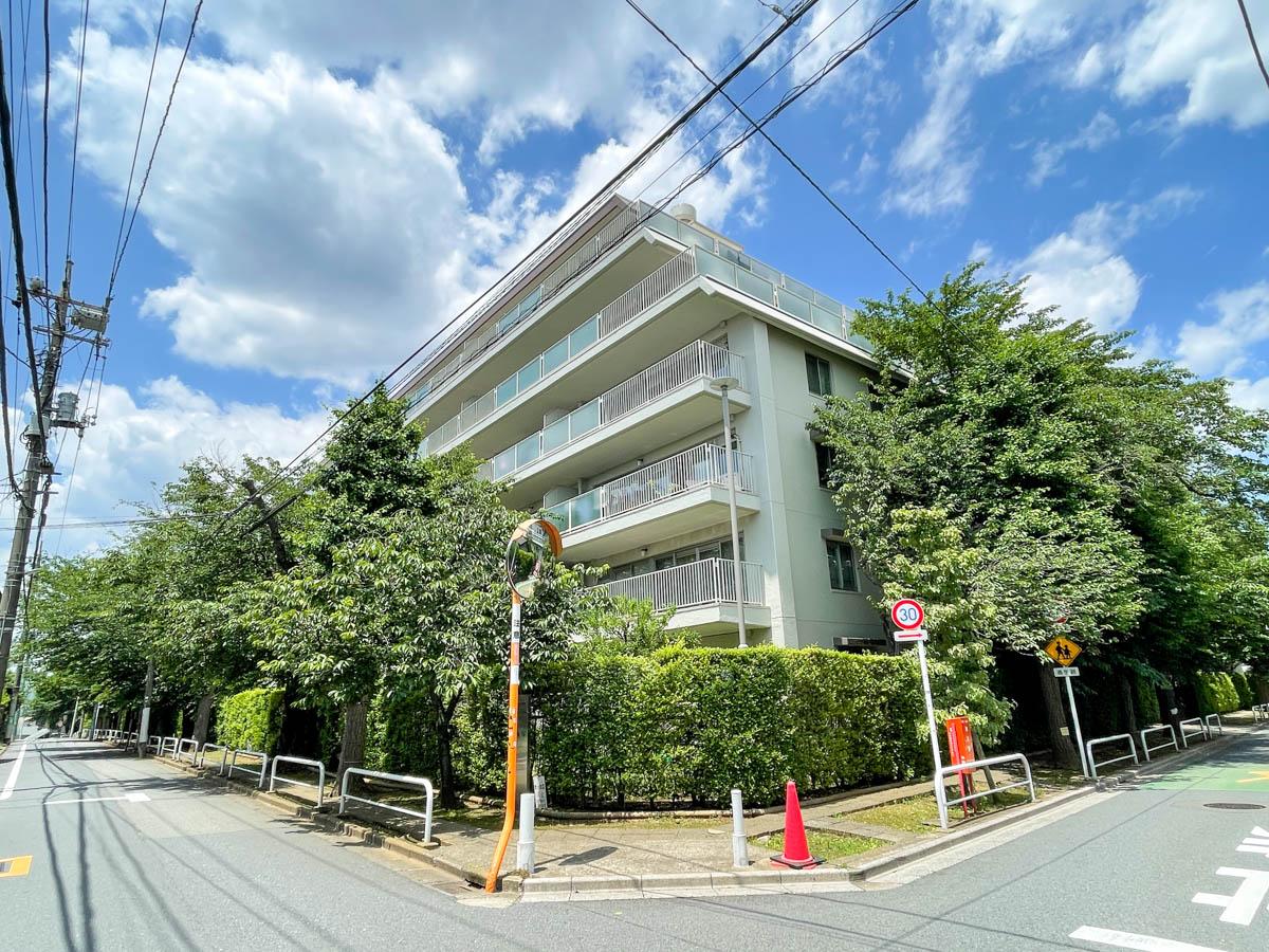 中野区白鷺の売買物件/外観。建物の外回りには桜の木が植えられています