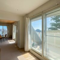 中野区白鷺の売買物件/リビングに入ると、大きな窓がズラズラと並ぶ。床にはワンちゃん用のタイルカーペットが部分的に敷かれています