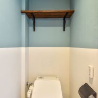 杉並区高円寺北の賃貸物件/洗面、トイレの壁は木との相性が良いアイボリーとライトブルーのツートンカラー