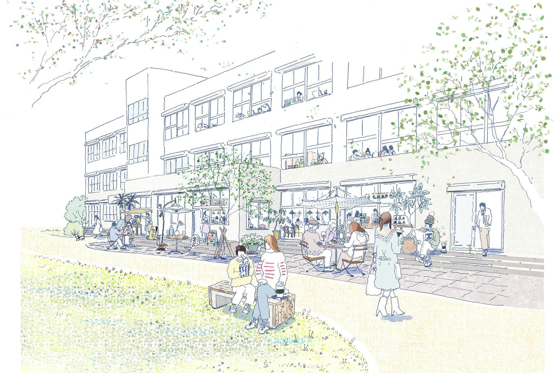 世田谷区池尻の賃貸物件/1階店舗のテラスのイメージパース。ランチやおやつ休憩に利用したくなりますね
