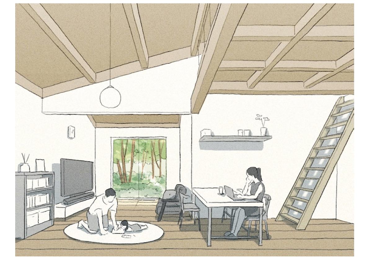 千葉県いすみ市岬町椎木の売買物件/「コンパクトな母屋」プランの参考スケッチ。住まいに広がる豊かな暮らしの風景。
