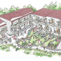 神奈川県横浜市港北区篠原町の賃貸物件/全体像のスケッチ。最終的には芝生が張られ、階段や軒先に腰掛ける人々の姿が目に浮かびます