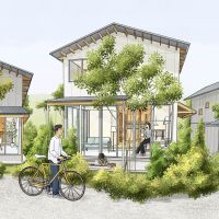 西東京市柳沢5-3の売買物件/イメージパース：緑豊かな庭に面した土間空間は半屋外的に楽しめます
