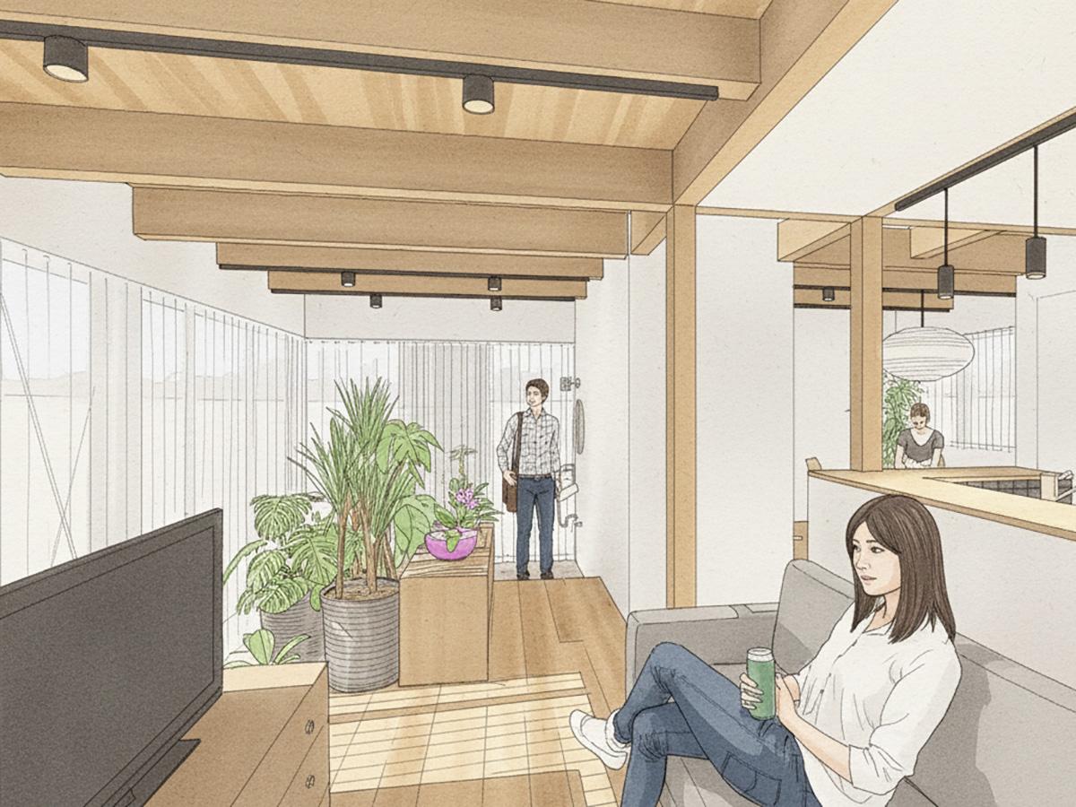 西東京市柳沢5-3の売買物件/ゼロリノベの内装デザインのイメージパース：1階の土間空間に床を延長してリビングに