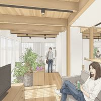 西東京市柳沢5-3の売買物件/ゼロリノベの内装デザインのイメージパース：1階の土間空間に床を延長してリビングに