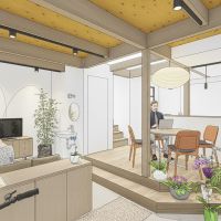 西東京市柳沢5-3の売買物件/ゼロリノベの内装デザインのイメージパース：1階のキッチンを土間空間と対面に