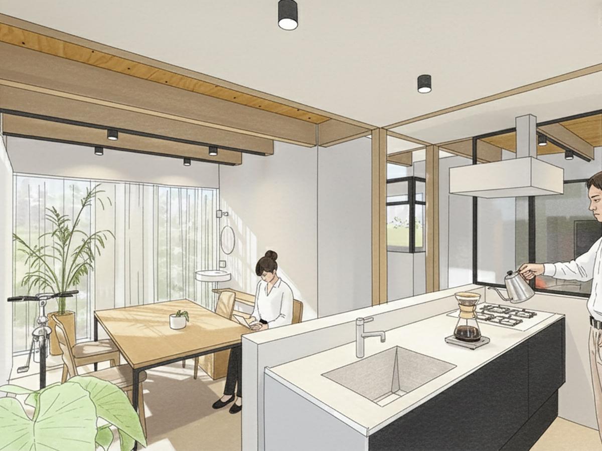 西東京市柳沢5-3の売買物件/ゼロリノベの内装デザインのイメージパース：土間にキッチンをつくることもできます