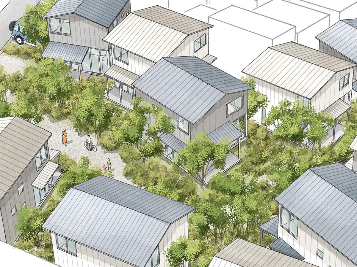西東京市柳沢5-3の売買物件/イメージパース：みんなの緑が集まって、森のよう。住宅地の中心に緑地を設けます
