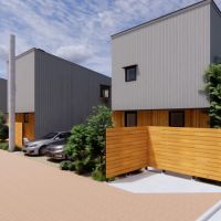 埼玉県新座市新堀1-14の売買物件/イメージパース。北東側からみて。各住戸の車は東側の私道に面した部分に駐車するようになります