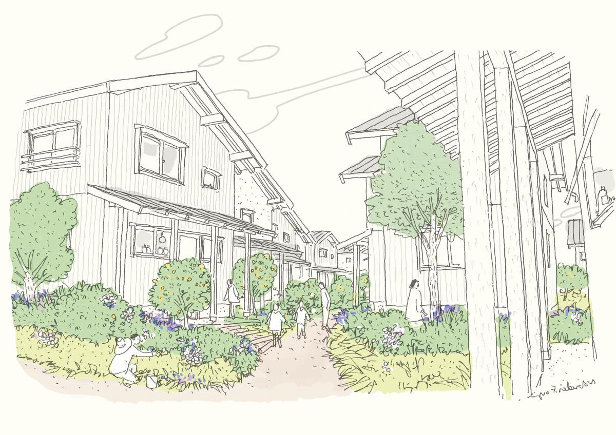 東京都東久留米市南町の売買物件/小麦畑だった場所を、まちの緑や風景を守る形でコーポラティブヴィレッジとして耕していきます（※イメージのスケッチは参考です）
