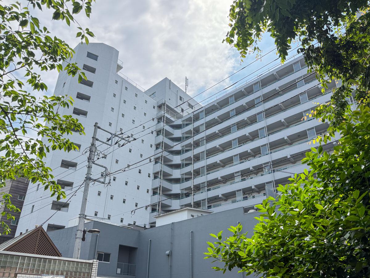 新宿区北新宿の売買物件/外観。神田川と緑道の脇に建つマンション。建物1階にはいなげやが入っていて便利