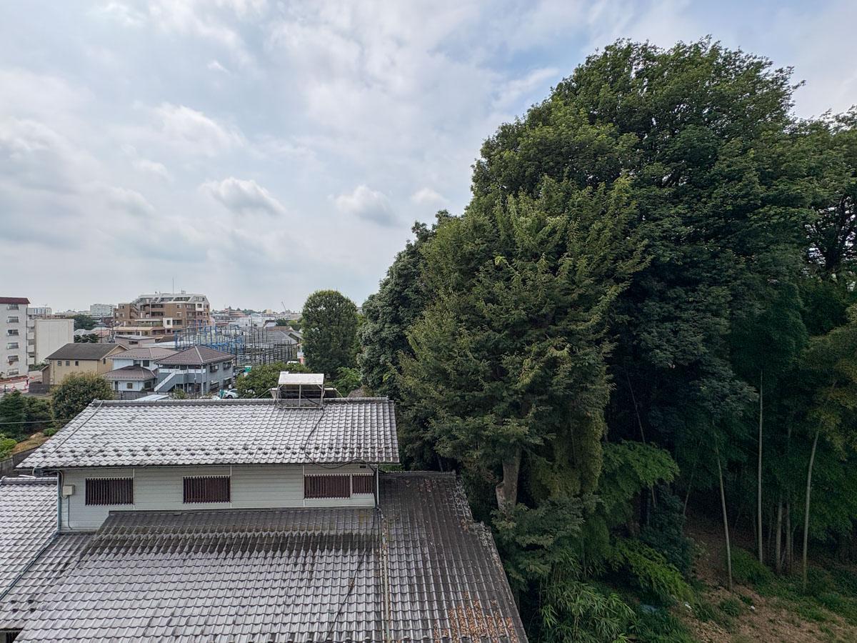 小金井市緑町の売買物件/おとなりの敷地にどどんと緑があります　遠くには中央線が見え、電車が通るたびに風景が動く