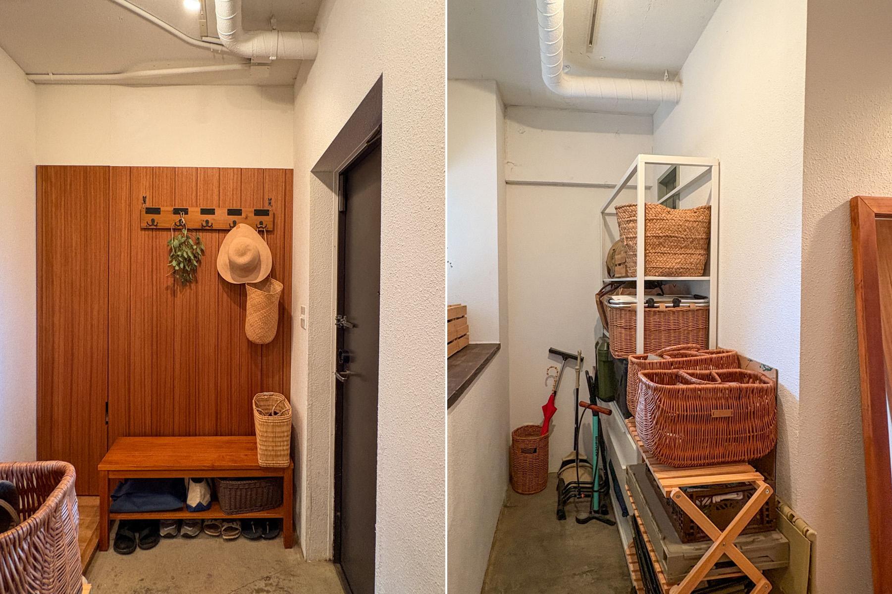 練馬区石神井台の売買物件/左：玄関のスペースはベンチを置けるよう広めに土間がとられている　　右：玄関の横は畑仕事の道具など、アウトドア系の物品置き場に