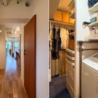 練馬区石神井台の売買物件/左：廊下（玄関からの視点）　右：家族の衣服が全て収められているL字型のクローゼット　洗濯機置き場はここにある