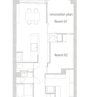 練馬区石神井台の売買物件/現オーナーが本物件に住み始めたころ、将来的にもう一部屋増やすことを想定して作成されたイメージプランです。現状のリビングをスライドドアで仕切り、2LDKにした形。Room01は、壁で仕切りすぎてしまうと窮屈なので、2方向をスライドドアにしています。開けた状態なら、オープンスペースにもなるし、閉めれば１部屋として使えます。その時々の暮らし方で臨機応変に使えると思います。
