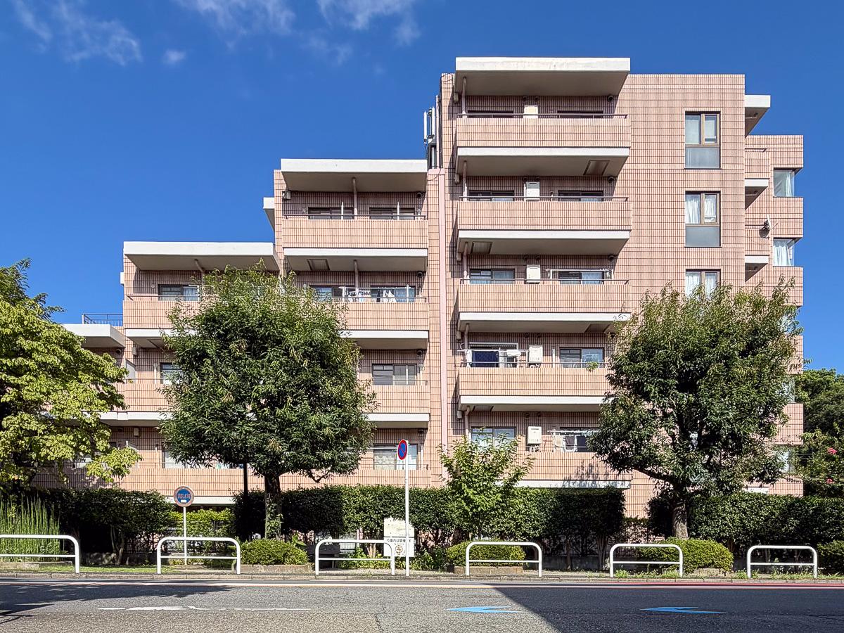 世田谷区大蔵の賃貸物件/カクカクとした外観。目の前の広場にはベンチもあるので、ちょっとした息抜きにもってこい