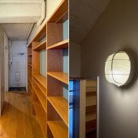 目黒区中目黒の売買物件/写真左：リビングから玄関方向　写真右：廊下の照明がかっこいい