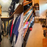 調布市富士見町の売買物件/左：アパレル関係のオーナーに必要な大容量のクローゼット　右：シューズクローゼットの前には結構スペースがあり、大切な自転車はここで保管することもできそうなサイズ感