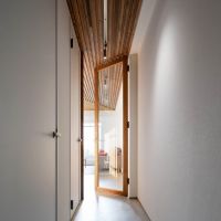 港区芝の賃貸物件/玄関からリビングまで一直線に続く、木の天井とモルタルの床。大きな木框のガラスドア越しに光を感じる