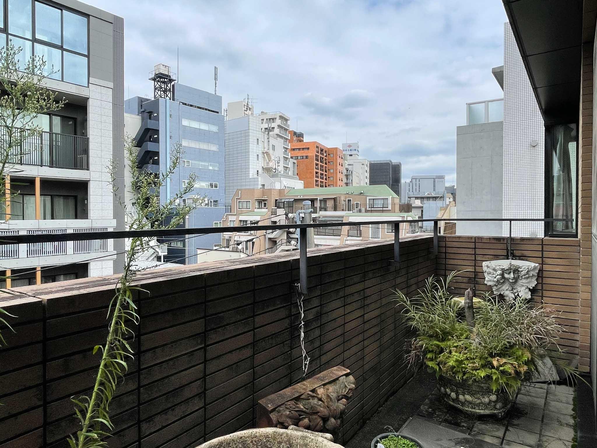 新宿区四谷坂町の賃貸物件/リビングの前のバルコニー（植栽は撤去されます）