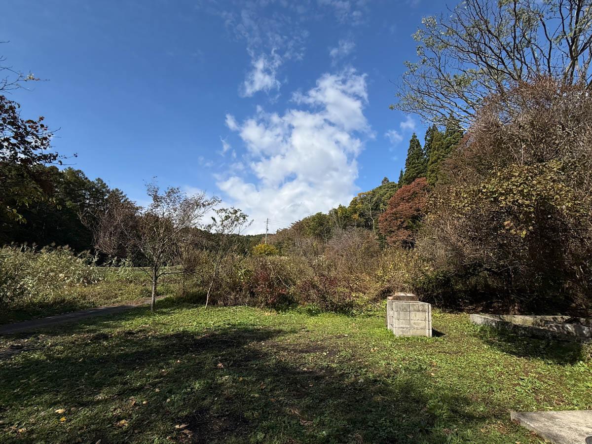 長野県上水内郡信濃町富濃の売買物件/北西側の景色。奥には農地が広がり、手前が敷地のお庭。敷地内には、桜やブルーベリーが植えられています